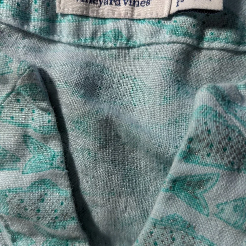 Vineyard Vines 100% Linen Teal Fish Print Girls Dress Size Small 6-7 3/4 Sleeve - Picture 3 of 4